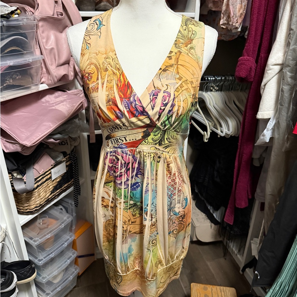 Body Central-Gold Colorful TieDye Sleeveless V-Neck Sundress-Large